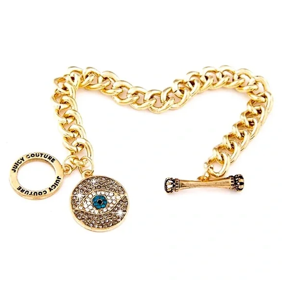 Juicy Couture Gold Chain Crystal Evil Eye Pendant Bracelet NWOT - Picture 4 of 6